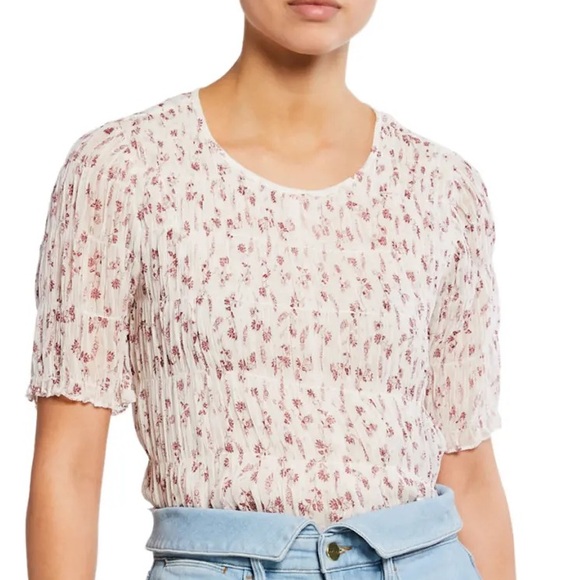 FRAME Denim Cream & Red Floral Print Smocked Short Sleeve Top Shirt Size… - Picture 1 of 10